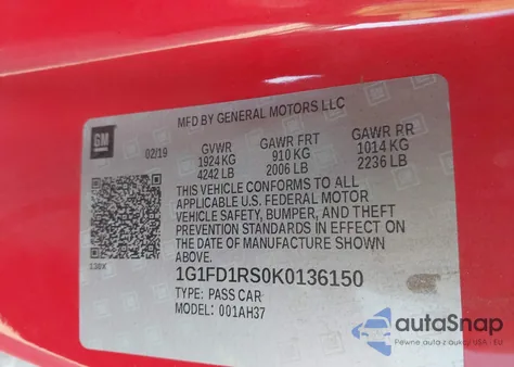 2019 Chevrolet Camaro 2Lt from USA, damaged, VIN 1G1FD1RS0K0136150